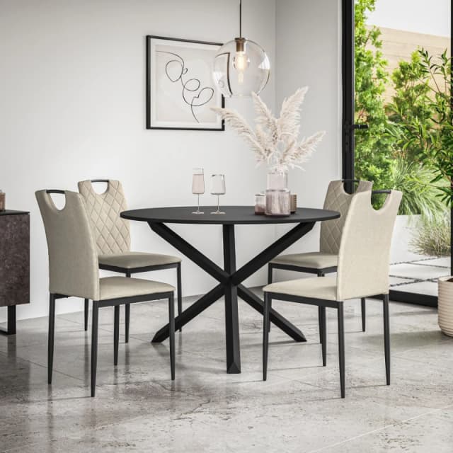 More4Homes Malvern Round Dining Table And Chairs - Black Table Top W Solid Oak Black Legs + Monza Fabric Dining Chair Set Of 4 (Beige)