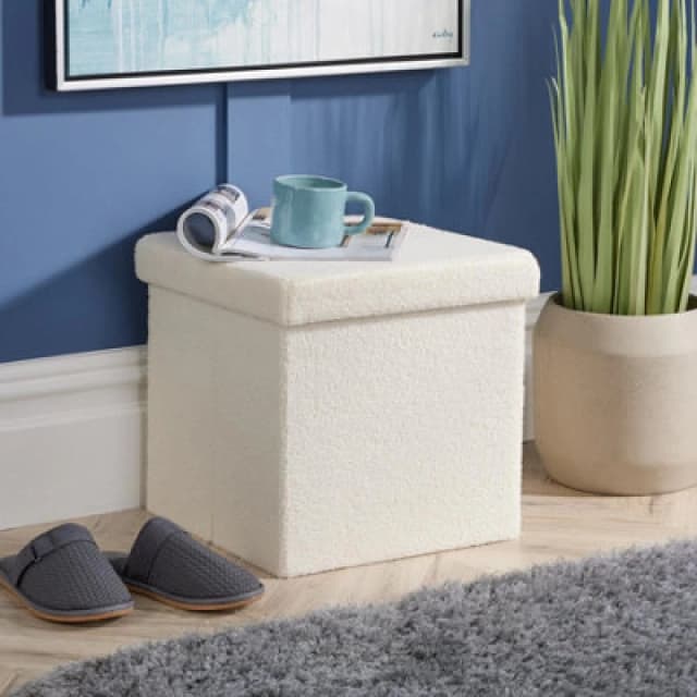 Home Source Teddy Fur Square Folding Storage Ottoman Cream