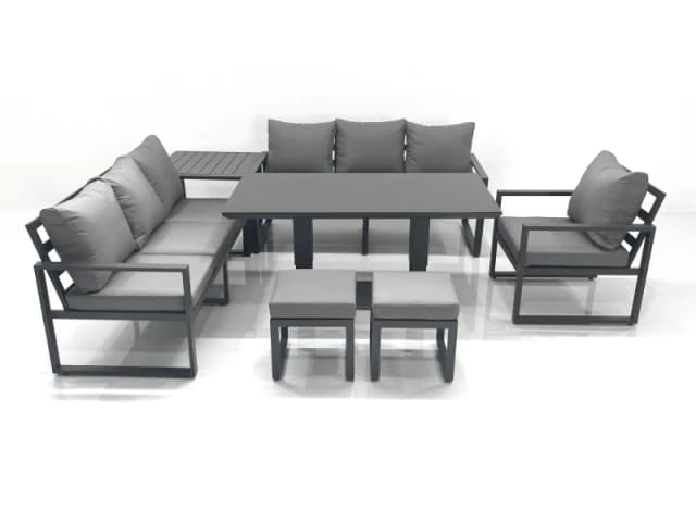 Fimous Outdoor Garden Furniture Set Aluminium Lounge Sofa Adjustable Rising Lifting Dining Table Sets with 2 Small Footstools Side Table Dark Grey Dar