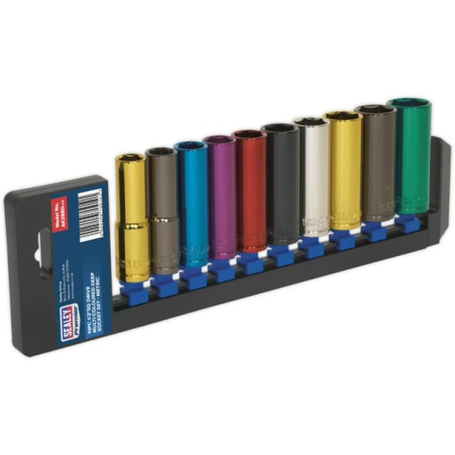 Loops 10 PACK Multi Colour DEEP Socket Set 1/2" Metric Square Drive - 6 Pt WallDrive Multi