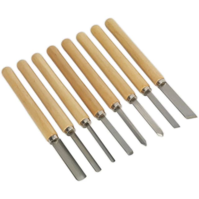Loops 8 Piece Wood Turning Chisel Set - Steel Shafts & Tips - Long Softwood Handles Metallics
