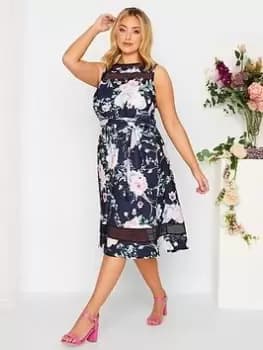 Yours Floral Mesh Panel Skater, Blue, Size 20, Women