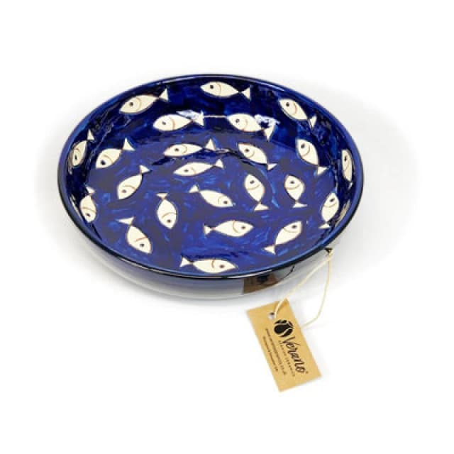 Verano Spanish Ceramics Signature Blue & White Fish Hand Painted Ceramic Kitchen Dining Bowl (Diam) 23Cm White Fish