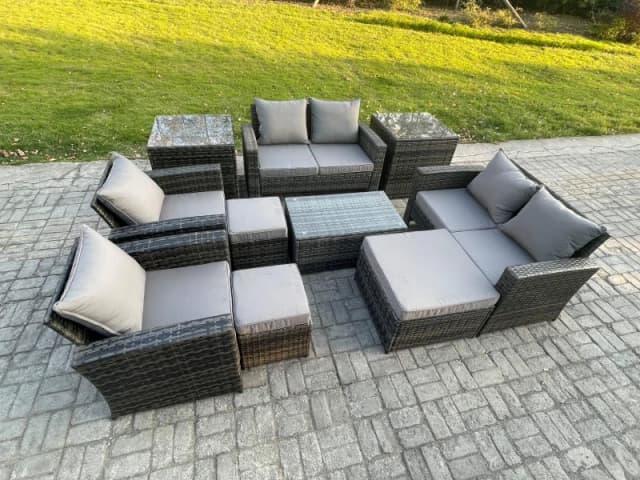 Fimous Garden Furniture Sets 10 Pieces Outdoor Rattan Furniture Manual Wicker Patio Sofa Chair Set with Coffee Table 3 Footstools in Dark Grey Dark Gr