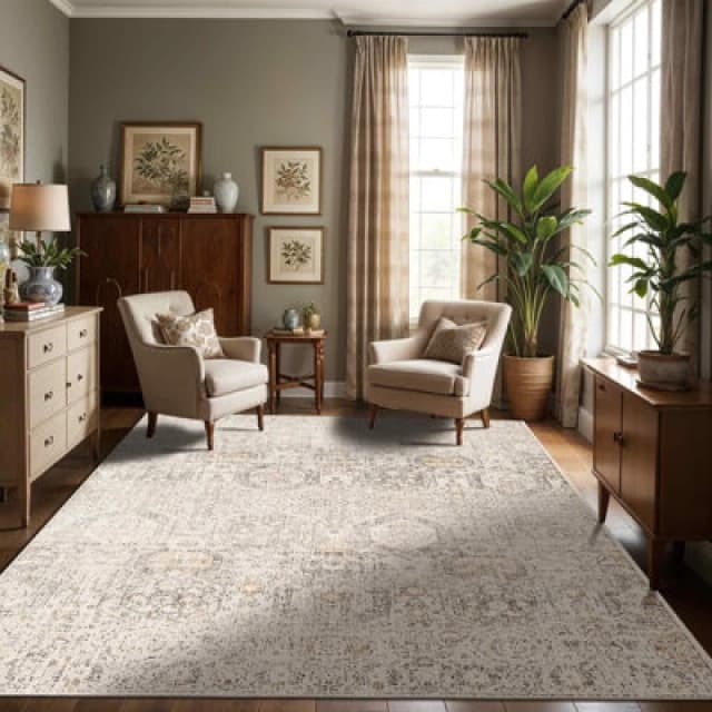 Livabliss Vintage Oriental Boho Tan/ivory Lotus Area Rug 130 X 170 Cm - Easy Care, Non Shedding, Ideal For Living Room & Bedroom
