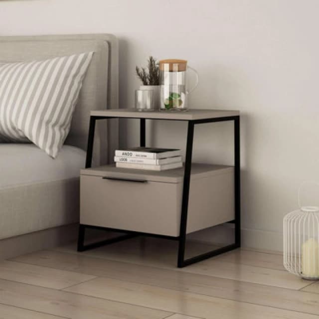 FWStyle Mocha Grey 1 Drawer Modern Bedside Table Nightstand Black Metal Frame Grey
