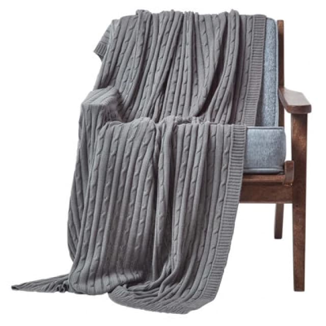 Homescapes Cotton Cable Knit Throw Grey, 130 X 170 Cm