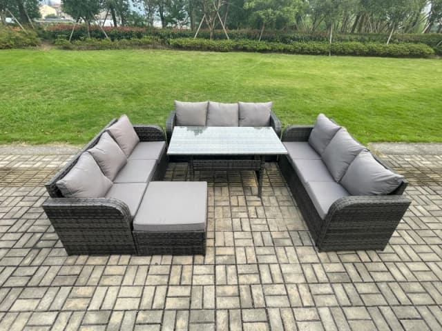 Fimous Patio Rattan Garden Furniture Set with Oblong Rectangular Dining Table Big Footstool 10 Seater Outdoor Lounge Sofa Set Dark Grey Mixed Dark Gre