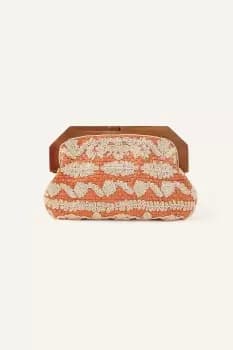 Raffia Beaded Wooden Frame Clutch Bag