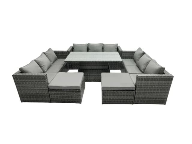 Fimous Rattan Dining Table Sofa Set with 2 Big Stool Outdoor 11 Seat in Dark Grey Dark Grey Unisex