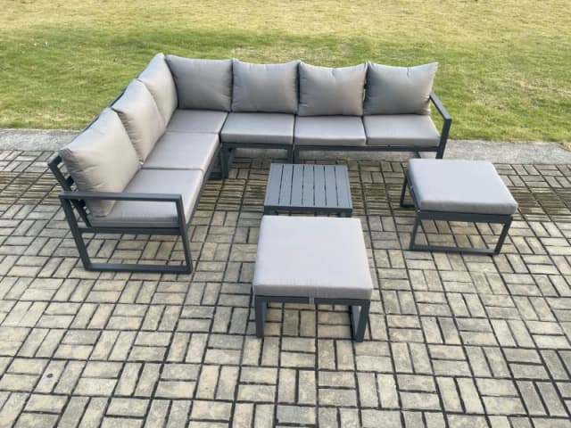 Fimous 8 Seater Outdoor Lounge Corner Sofa Set Aluminum Garden Furniture Sets with Square Coffee Table 2 Big Footstool Dark Grey Dark Grey Unisex