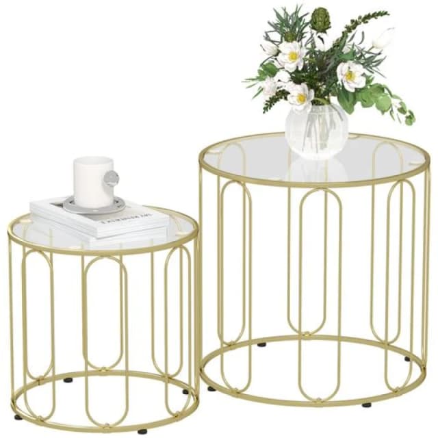 HOMCOM Coffee Table Set of 2, Nest of Tables with Metal Frame, Gold Tone Gold