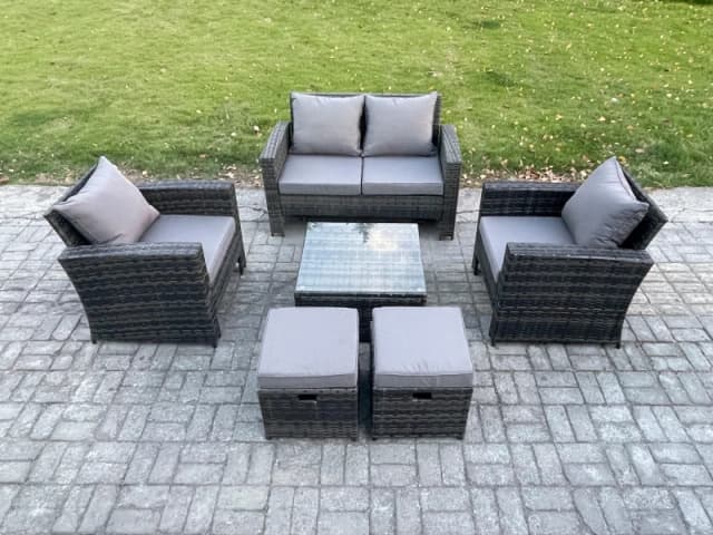 Fimous 6 Seater Outdoor Garden Furniture High Back Rattan Sofa Set with Square Coffee Table 2 Small Footstools Dark Grey Mixed Dark Grey Unisex