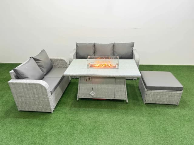 Fimous 6 Seater PE Rattan Wicker Garden Furniture Patio Conservatory Sofa Set with Firepit Dining Table 3 Seater Sofa Love Sofa Big Footstool Light Gr