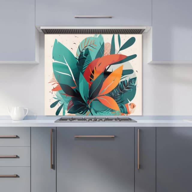 Warren Reed - Designer Green Orange Tropical Leaves Kitchen Splashback Size: 600mm x 750mm Green Unisex 600mm x 750mm