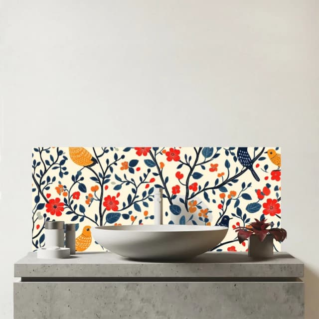 Warren Reed - Designer Woodland Birds & Flowers In The Trees Glass Bathroom Splashback Multicolor Unisex