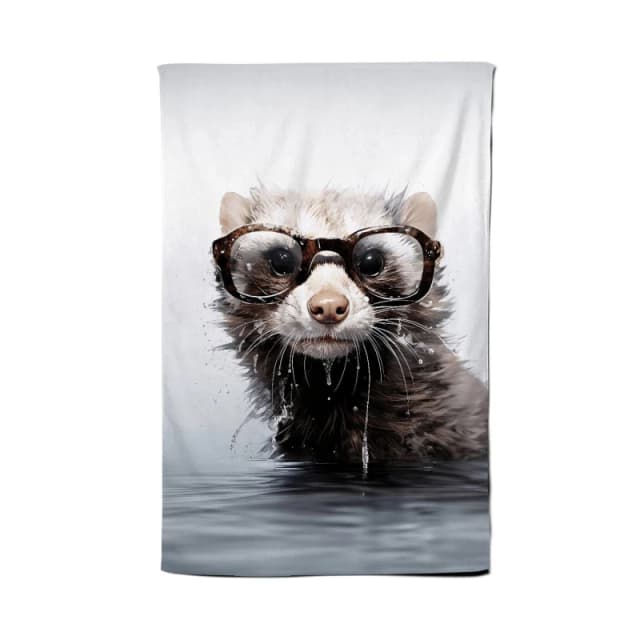 Warren Reed - Designer Splashart Ferret With Glasses Tea Towel in Grey Grey Unisex