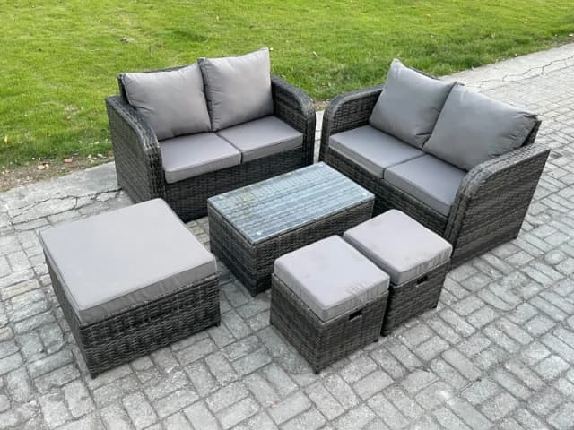 Fimous 7 Seater Garden Furniture Set Rattan Outdoor Lounge Sofa Chair With Tempered Glass Table 3 Footstools Dark Grey Mixed Dark Grey
