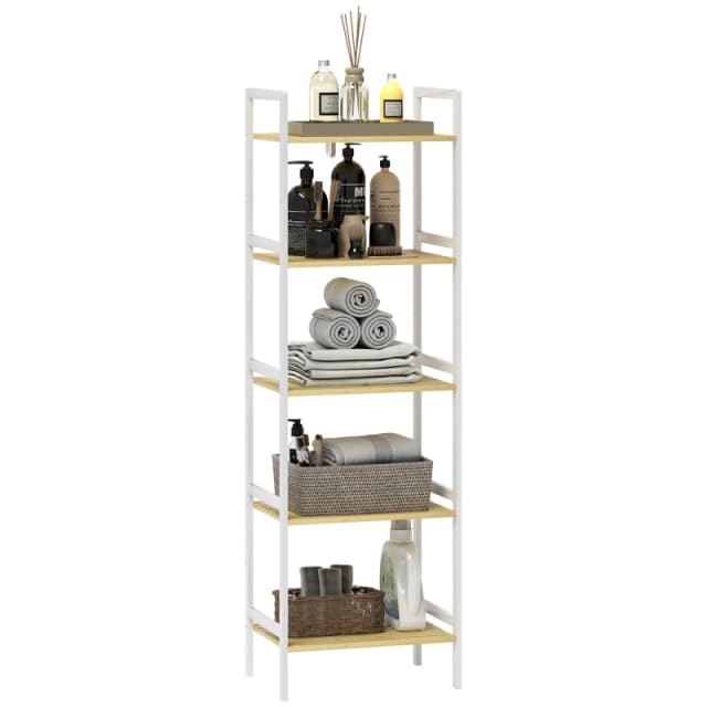 HOMCOM HOMCOM 5-Tier Bamboo Bathroom Storage Shelf, Freestanding Shelving Unit in White White One Size Unisex 5063603226647