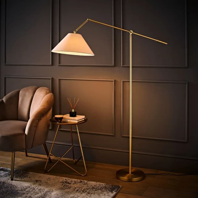 ValueLights ValueLights Layla Adjustable Angled Floor Lamp with Tapered Linen Shade and Bulb in Gold Gold One Size Unisex 5059406070129
