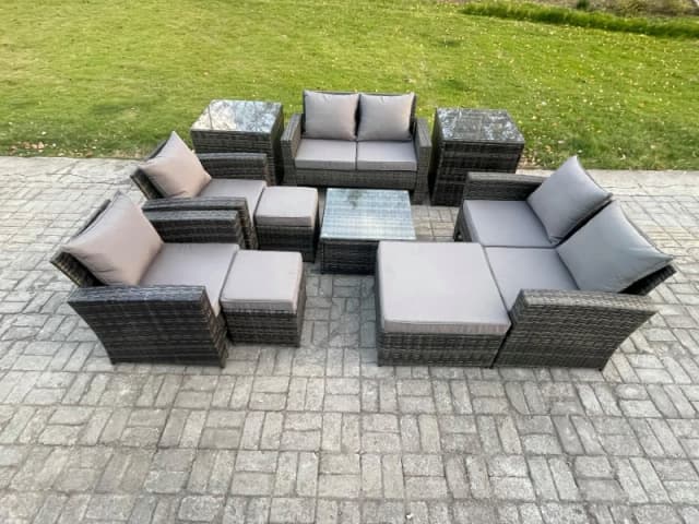 Fimous Outdoor Garden Furniture Sets 10 Pieces Wicker Rattan Furniture Manual Wicker Patio Sofa Set with 3 Footstools in Dark Grey Dark Grey Unisex
