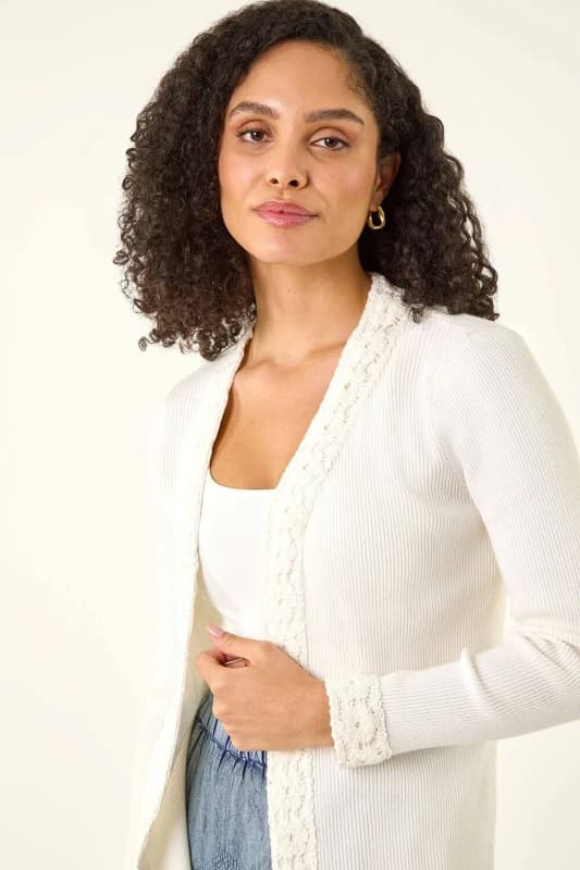 Roman Womens Crochet Trim Knit Cardigan in Ivory Size: 16 Ivory Female 16