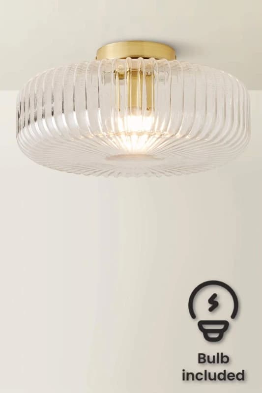 ValueLights ValueLights Calpe Large Ribbed Glass Shallow Flush Ceiling Light with LED Bulb in Gold Gold One Size Unisex 5059406071324