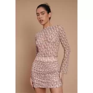 I Saw It First Nude Isaw Monogram Mesh Seam Detail Long Sleeve Bodysuit - Brown