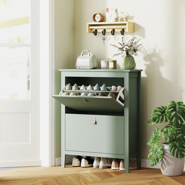 HOMCOM HOMCOM Narrow Shoe Cabinet with 2 Flip Doors, Removable and Adjustable Shelves in Green Size: Small Green Small Unisex 5063603990883