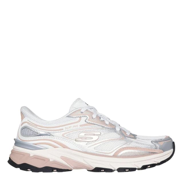 Skechers Metallic Overlay Mesh Lace-Up Slip- Runners Womens White/Pink female 6 (39)