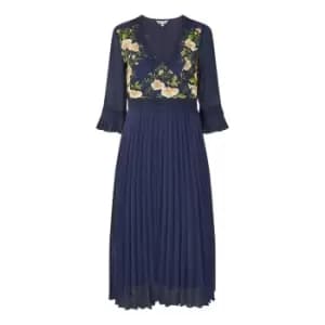 Yumi Navy Embroidered Floral Pleated Dress - Blue