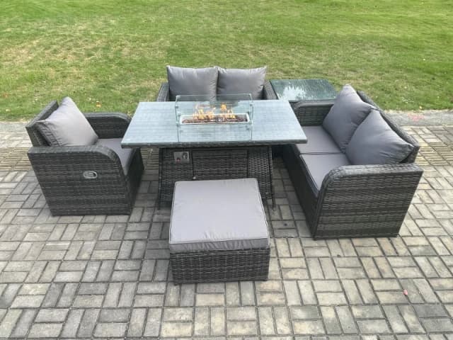 Fimous Rattan Garden Furniture Set with Gas Fire Pit Dining Table,Big Footstool and Side Table Indoor Outdoor 6 piece Love Sofa set Dark Grey