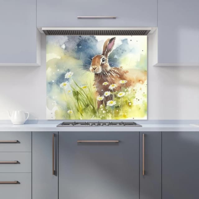 Warren Reed - Designer Hare & Daisies Watercolour Kitchen Splashback in Brown Size: 600mm x 750mm Brown Unisex 600mm x 750mm