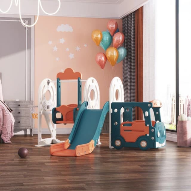 KIDKID 3-in-1 Kids Swing and Slide Playset, Orange & Blue Orange unisex Large