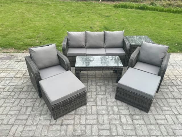Fimous Rattan Garden Furniture Set with Rectangular Coffee Table Side Table 2 Big Footstool 7 Seater Patio Outdoor Lounge Sofa Set Dark Grey