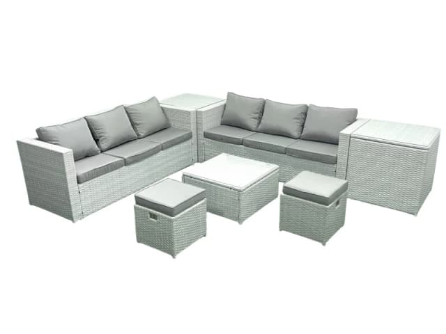 Fimous Rattan Garden Outdoor Furniture Set 8 Seater Rattan Garden Sofa Set with 2 Small Footstool 2 Side Tables Light Grey Mixed Light Grey