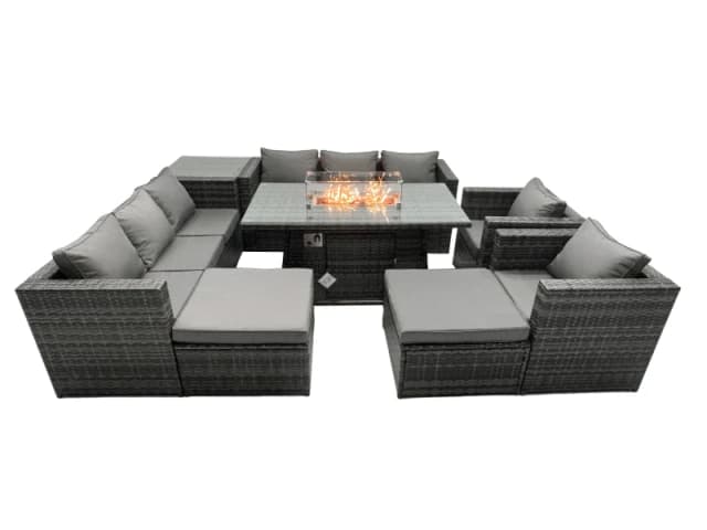 Fimous Rattan Garden Furniture Firepit Dining Set 10 Seater Lounge Sofa Table Set with side table 2 big Footstool Dark Grey
