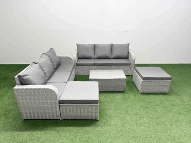 Fimous Outdoor Garden Furniture Sets 8 Seater Wicker Rattan Furniture Sofa Sets with Rectangular Coffee Table high Back Lounge Sofa 2 Big Footstool Li