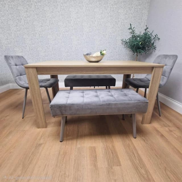 KOSY KOALA KOSY KOALA Dining Table and 2 Chairs With 2 Benches Oak Effect Wood Table 2 Grey Velvet Chairs Dining Room in Beige Beige One Size Unisex 5