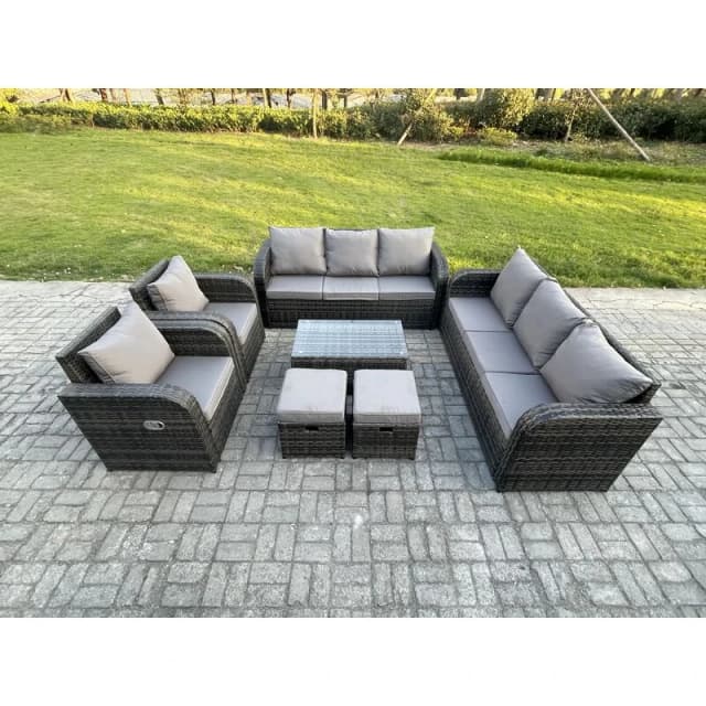 Fimous Rattan Outdoor Garden Furniture Sofa Set Patio Table & Chairs Set with 3 Seater Sofa Reclining Chair 2 Small Footstools Dark Grey Mixed Dark Gr