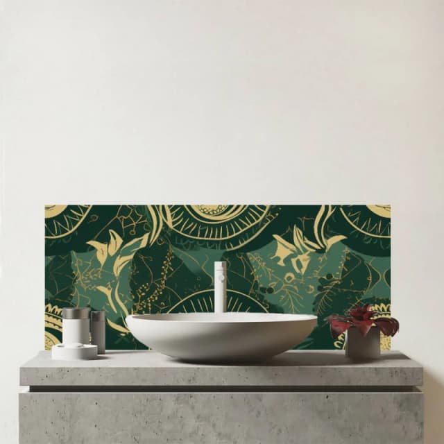Warren Reed - Designer Abstract Green Gold Moon Pattern Glass Bathroom Splashback Green Unisex