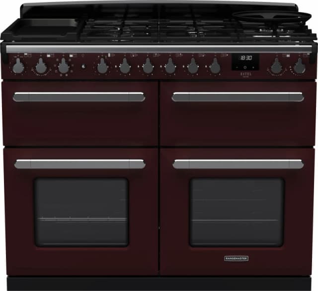 Rangemaster Estel Deluxe ESDLB110DFPBOR/CM1 110cm wide Dual Fuel Range Cooker with Gas Hob - Bordeaux / Chrome - A/A Rated
