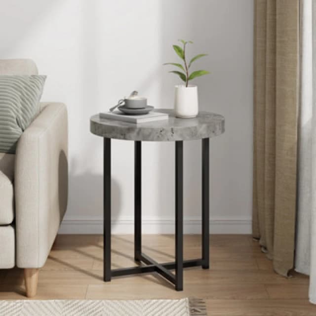 Vonhaus Grey Side Table, Concrete Effect Graphite Round End Table For Lounge, Living Room & Bedroom With Industrial Black Legs