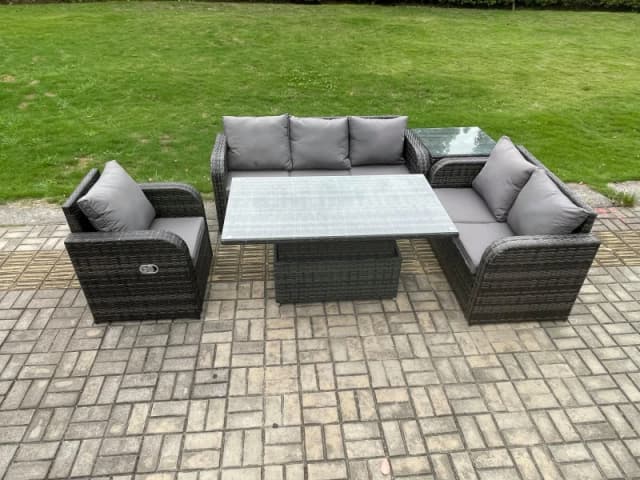 Fimous Outdoor Rattan Furniture Garden Dining Set Patio Height Adjustable Rising lifting Table Reclining Chair Sofa With Side Table Dark Grey Mixed Da