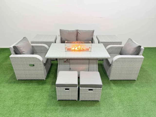 Fimous Light Grey PE Wicker Rattan Garden Furniture Set Sofa Set Reclining Chair Firepit Dining Table 6 Seater 2 Small Stools 2 Side Table Light Grey