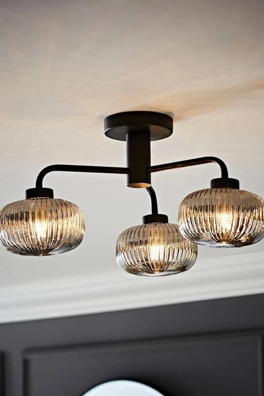ValueLights Amaia Matte Black IP44 3 Way Smoked Ribbed Glass Ceiling Light with LED Bulbs Black