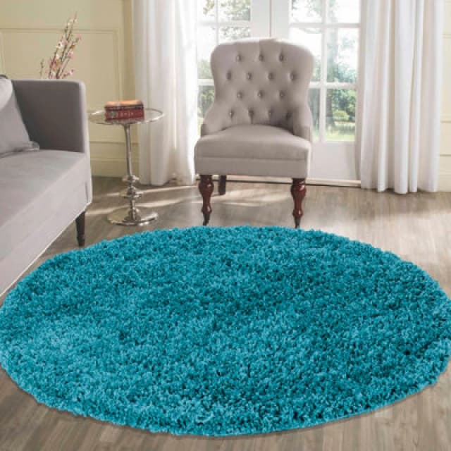 Desire Rugs Plain Living Room Shaggy Area Rugs Teal Round 120X120 Cm