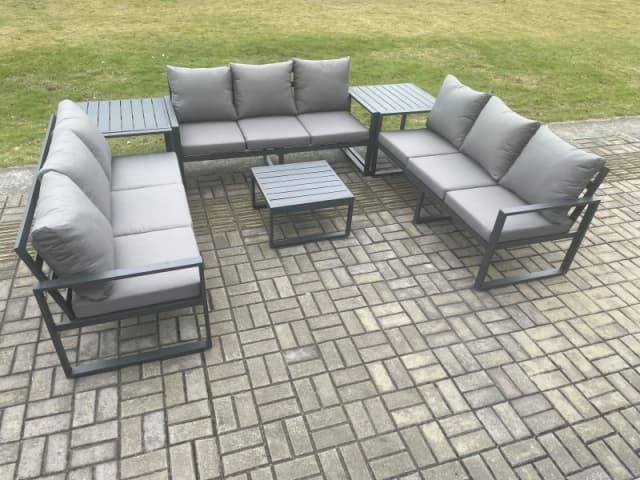 Fimous Aluminium 9 Seater Outdoor Garden Furniture Set Patio Lounge Sofa with Square Coffee Table 2 Side Tables Conservatory Set Dark Grey Dark Grey U