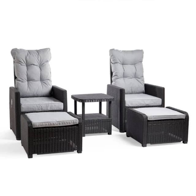 Vonhaus Reclining Rattan Bistro Set, Recliner Lounge Set For Garden, Set Of 2 Sun Loungers Armchairs W/ Footstools & Drinks Table