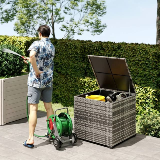 OUTSUNNY 253L Garden Storage Box, Rattan Deck Box with Liner, Mixed Grey Size: 70cm x 70cm Grey Unisex 70cm x 70 cm